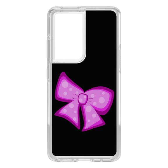 DistinctInk Clear Shockproof Hybrid Case for Galaxy S21 ULTRA 5G (6.8" Screen) - TPU Bumper, Acrylic Back, Tempered Glass Screen Protector - Pink Black Bow Ribbon - Cartoon Bows / Ribbons
