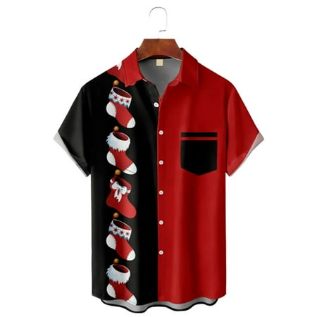 

Men s Christmas Short Sleeve Hawaiian Shirt with Chest Pocket Casual Christmas Santa Print Shirts for Boys