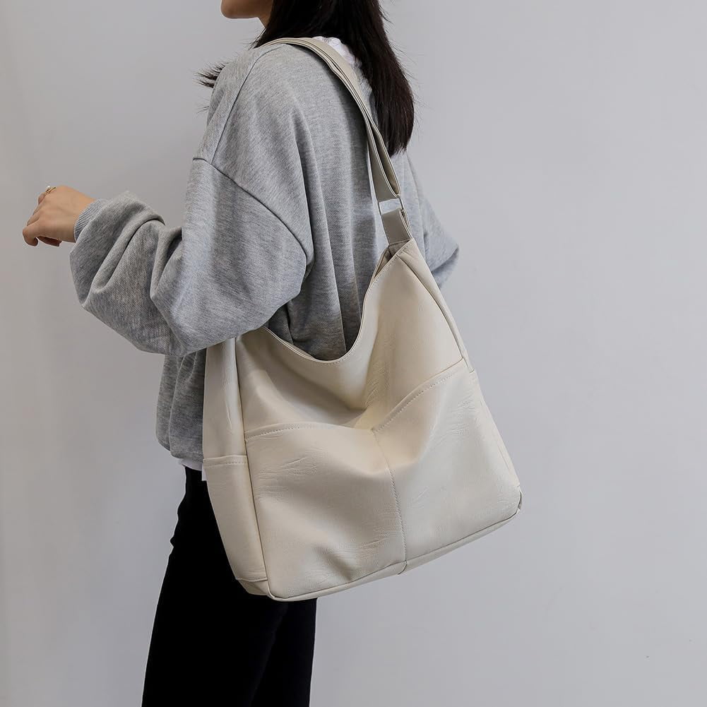 Kukuzhu Faux Leather Tote Bag with Pockets Women Shoulder Bag College Tote Bag Hobo Crossbody Bag for Work Travel
