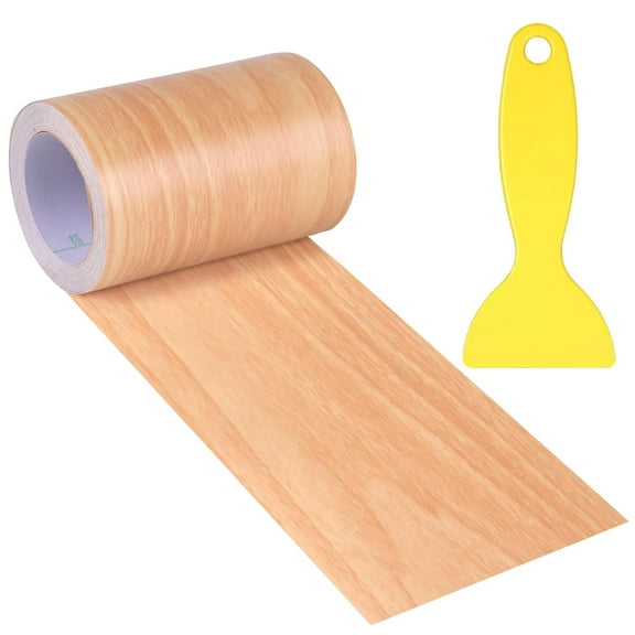 4" X33' Size Realistic Wood Grain Repair Tape, Self Adhesive Wood Grain Repair Patch for Tables, Chairs, Doors, Windows, Floors, Furniture Renovation, Handicraft DIY. & Plastic Scraper. Natural Oak
