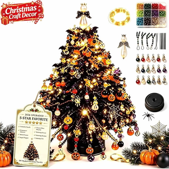 Light‑up DIY Beaded Christmas Tree Kit, Handmade Beads Craft Set, Mini Christmas Tree Ornament with String Light and Pearl, Holiday Home Office Party Desktop Decoration, Xmas Gift for Diy Lovers