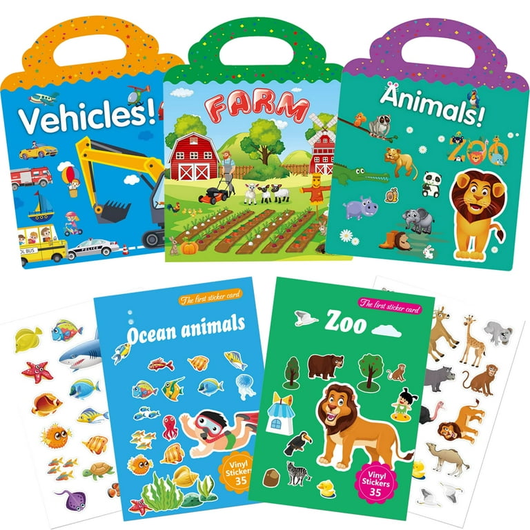 Reusable Sticker Books for Kids, 5PCS Sticker Activity Book for Toddlers  1-3, Car, Animal, Ocean, Zo 