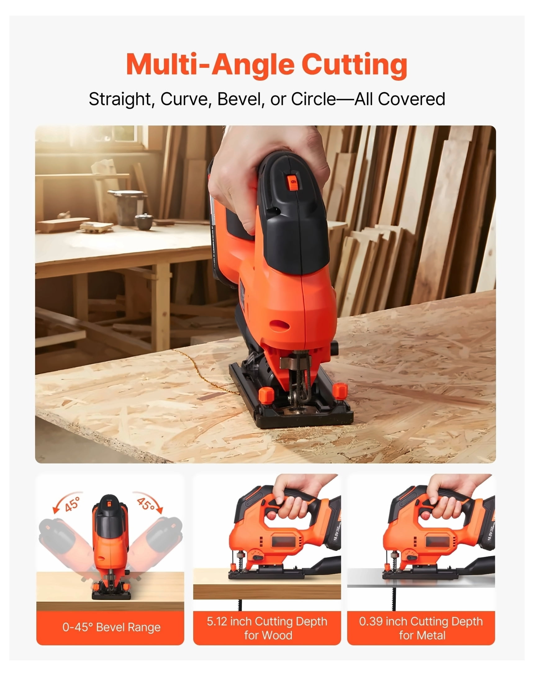 Cordless Jig Saw, 20 V, 3000 SPM Blade Speed, Cordless Jigsaw with Battery and Charger, LED Light, 6 Variable Speed, 0- 45° Bevel Cuts, with 6 pcs Blades, 4 Orbital Settings, for Wood, Metal