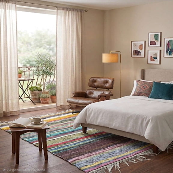 Handmade Multicolor Chindi Rug  Boho Cotton Area Rug with Fringe  Reversible Woven Floor Mat for Bedroom, Living Room & Home Dcor