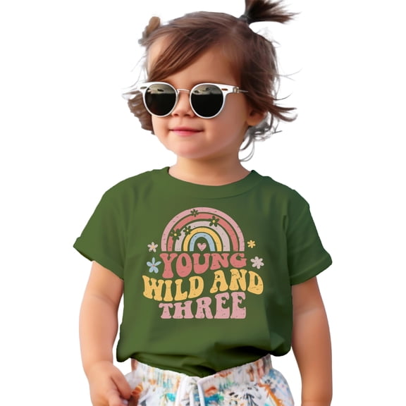 Young Wild Three Retro Rainbow Adorable 3rd Birthday Shirt for Infant Baby Toddler Girl Third Birthday Outfit Military Green Shirt 5-6