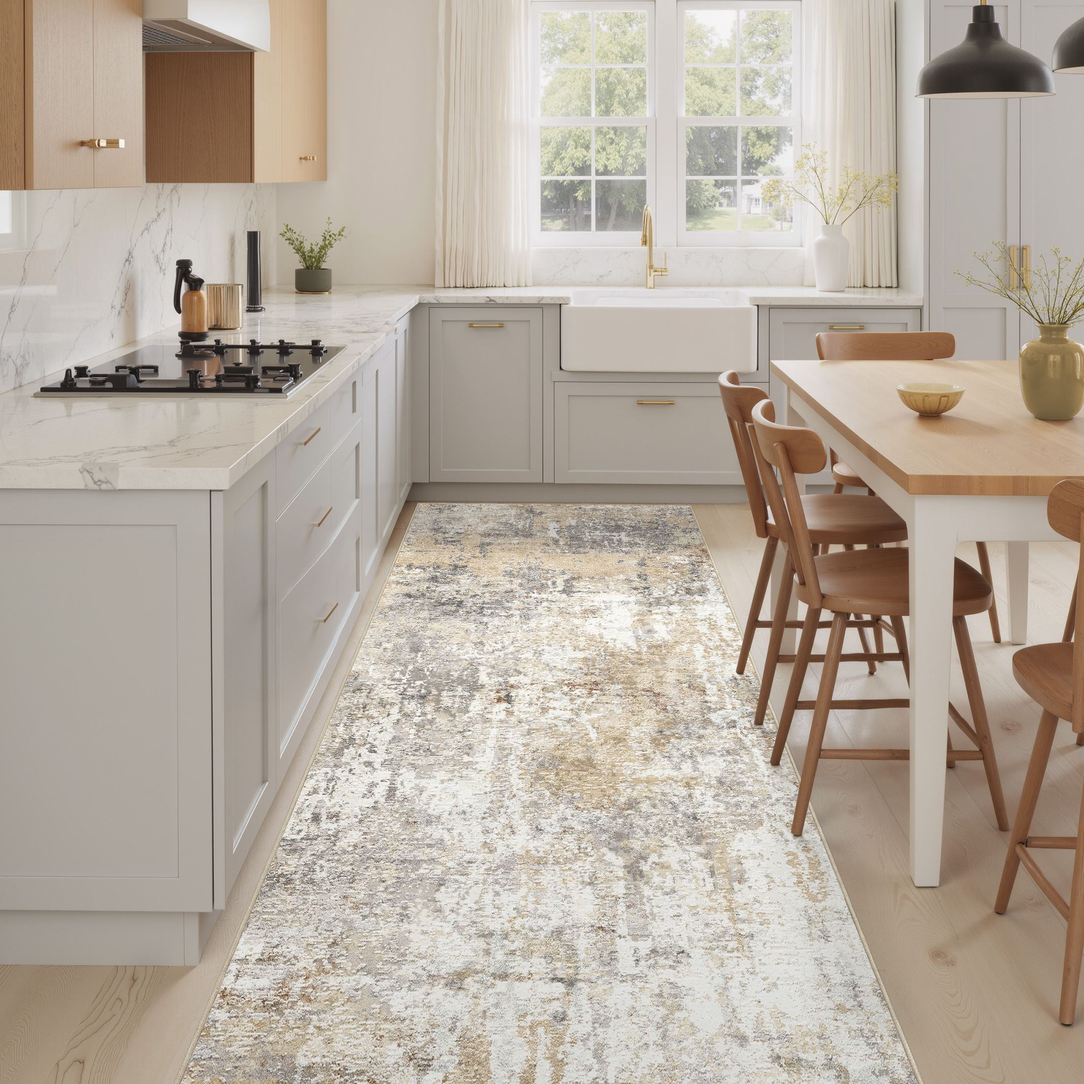 UERMEI 3'x8' Runner Rugs Non Slip, Washable Indoor Rug for Hallway Kitchen Entryway Doormats, Modern Abstract Bedroom Home Decor Carpets, Grey Gold