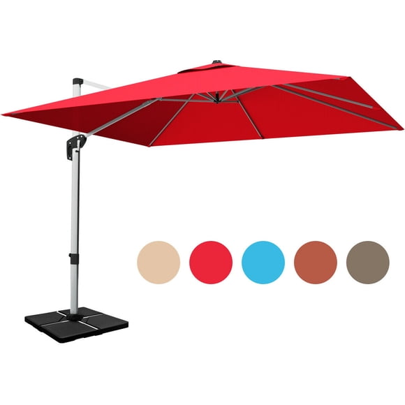 Gymax Parasol de Patio Suspendu Déporté Carré de 10 Pi avec Base, Inclinaison à 360 Degrés, Rouge Brique