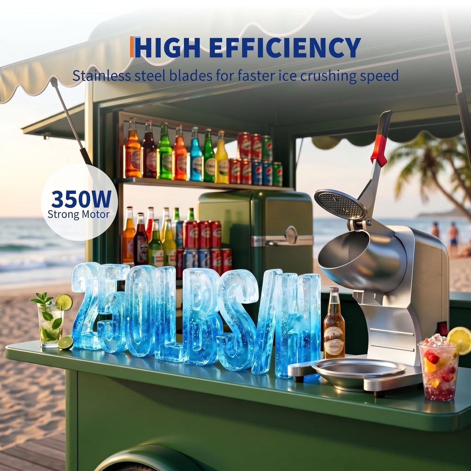 Commercial Ice Crusher, 2000RPM 250LBS/H Shaved Ice Machine with Stainless Steel Bowl, 350W Electric 4 Blades Snow Cone Machine for Home Use, Bars, Cafes, Parties, Silver