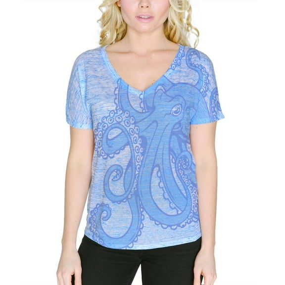 Blue Octopus Ink Women's Slouchy V-Neck T Shirt Blue Marble LG