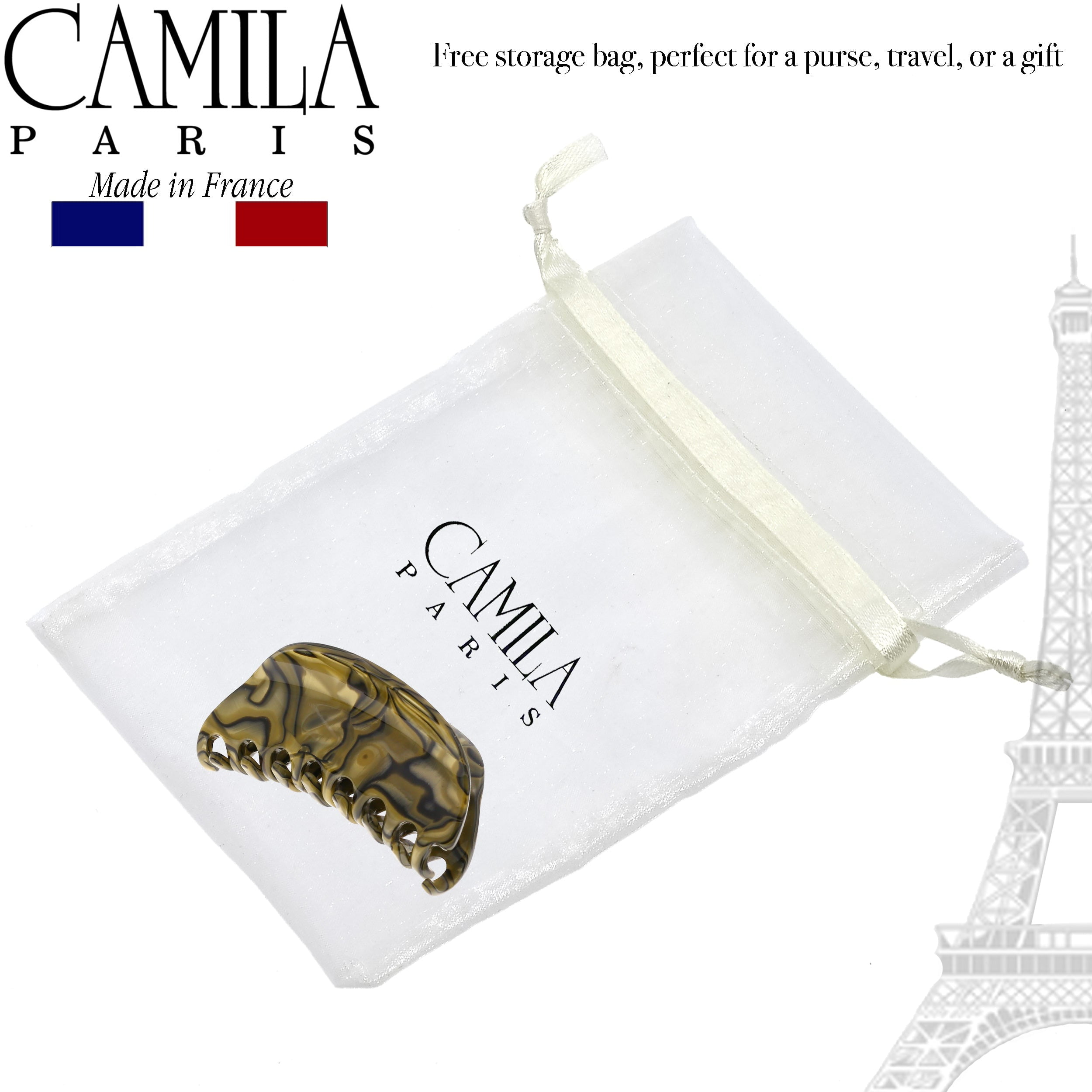 Camila Paris CP2958 French Hair Ponytail Holders Ties, Flower, Handmade, Gray, Strong Hold Grip Hair Clips for Women, No Slip and Durable Styling Girls Hair Accessories, Made in France