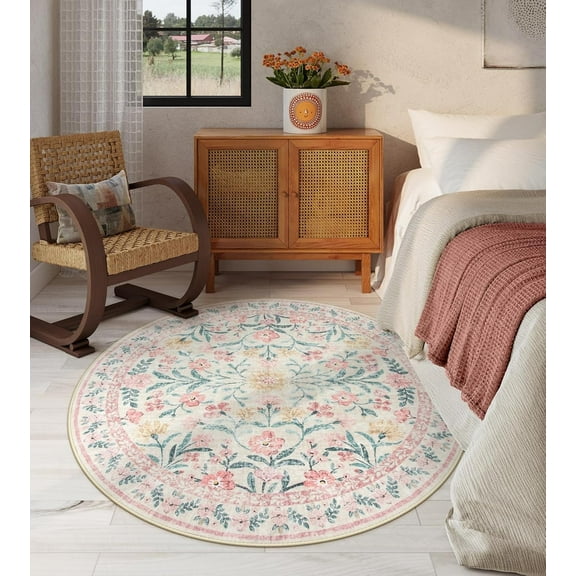 Moynesa 6'Round Boho Light Pink Rug, Washable Small Circle Rugs for Bedroom, Pink and Green Circular Rug, Soft Non-Slip Round Carpet for Sunroom,Pink