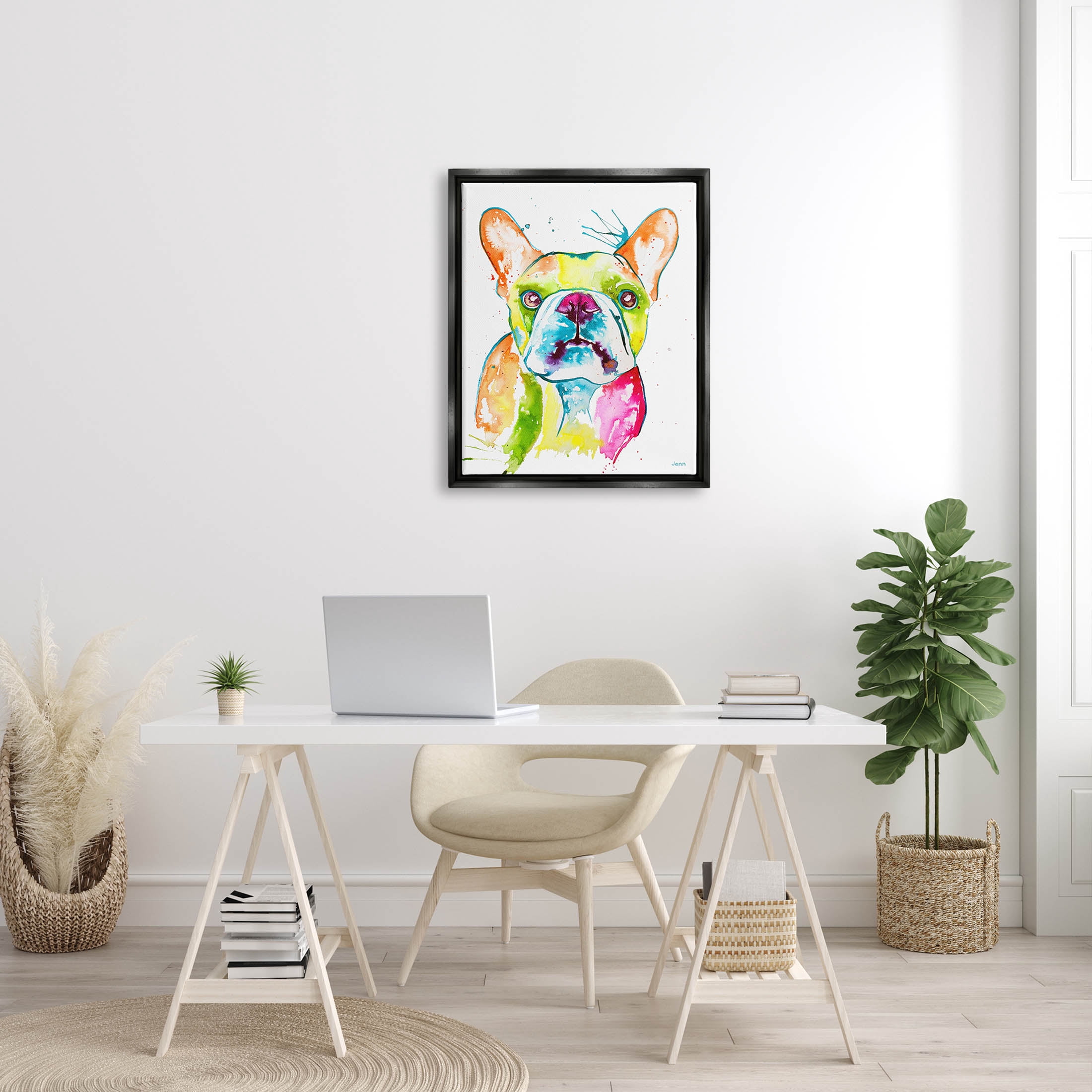 Modern French Bulldog Fun Portrait Animals & Insects Graphic Art Jet Black Framed Art Print Wall Art