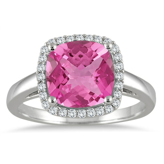 SZUL Women's 3.50 Carat Cushion Cut Pink Topaz and Diamond Halo Ring in 10K White Gold