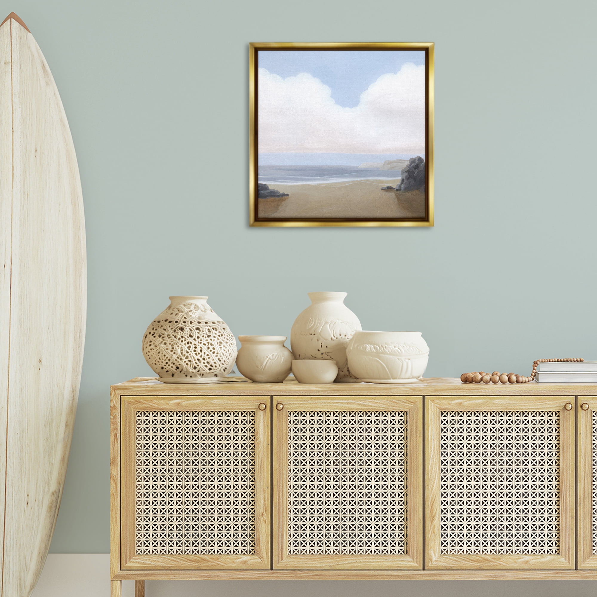 Stupell Industries Soft Clouds Over Beach Landscape Painting Gold Floater Framed Canvas Art Print Wall Art, 25 x 25