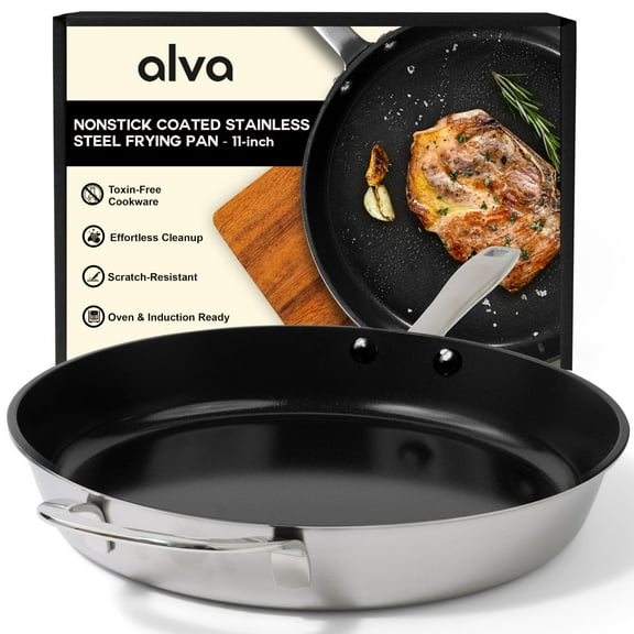 Alva Maestro Nonstick Stainless Steel Frying Pan 11" - Easy to Clean, Oven Safe and Made without Harmful Chemicals - Induction and All Stovetop Compatible with Even Heat Distribution