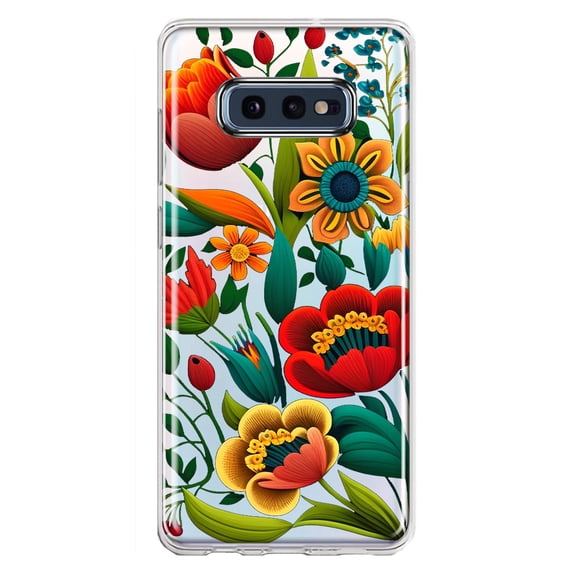 MUNDAZE Samsung Galaxy S10e Shockproof Clear Hybrid Protective Phone Case Colorful Red Orange Folk Style Floral Spring Flowers Cover