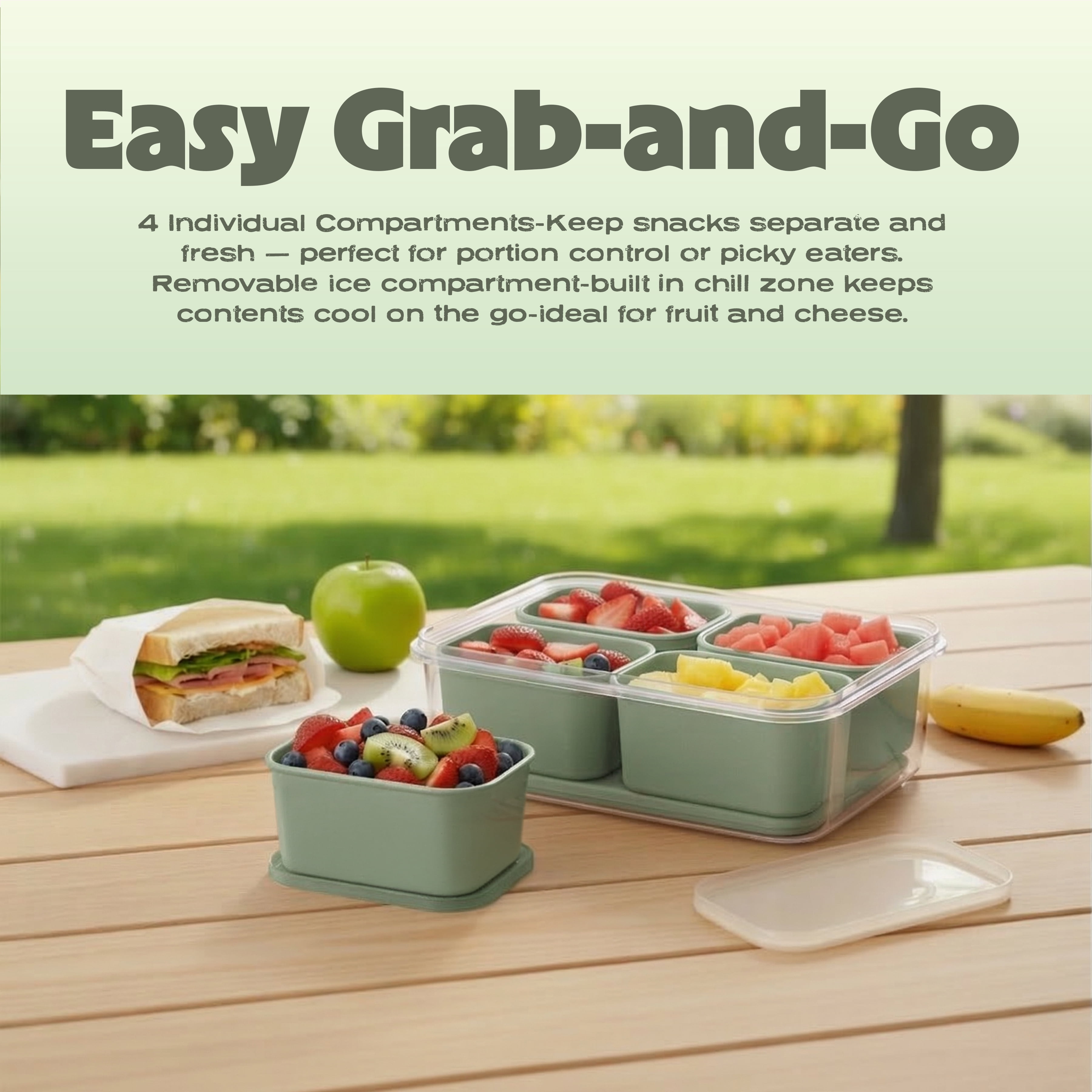 Cook with Color 4-Compartment Portable Snack Box Food Storage Container with Removable Ice Pack, Sage