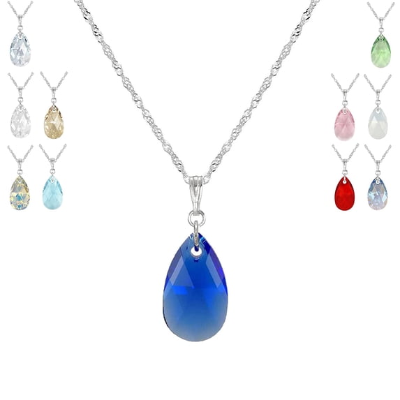Your Choice of Color Small Austrian Crystal Teardrop Sterling Silver Rope Chain Necklace - Majestic Blue