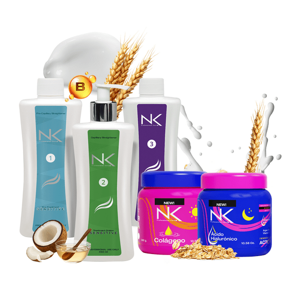 NK Sensitive Keratin Hair Straightening Treatment, Vegan, Formaldehyde Free. Kit Steps 1,2,3,4. Straightening treatment, post-treatment shampoo and Collagen & Hyaluronic Acid Hair Mask. 15oz