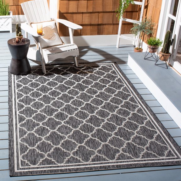 SAFAVIEH Courtyard Claudia Geometric Indoor/Outdoor Area Rug, Black Charcoal, 4' x 5'7"