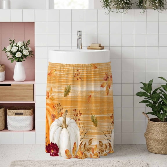Burnt Orange Pumpkin Fall Small Sink Skirt, Bathroom Vanity Cabinet Adhesive Curtain, Thanksgiving Autumn Leaves Utility Under Sink Cover Decorative Kitchen Cabinet Curtains 10"x11"