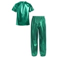 thumbnail image 2 of Doomiva Boys Girls Modern Hip Hop Jazz Dance Outfit Kids Metallic Shiny Short Sleeve T-shirt with Sparkly Jogger Pants Green 180, 2 of 7