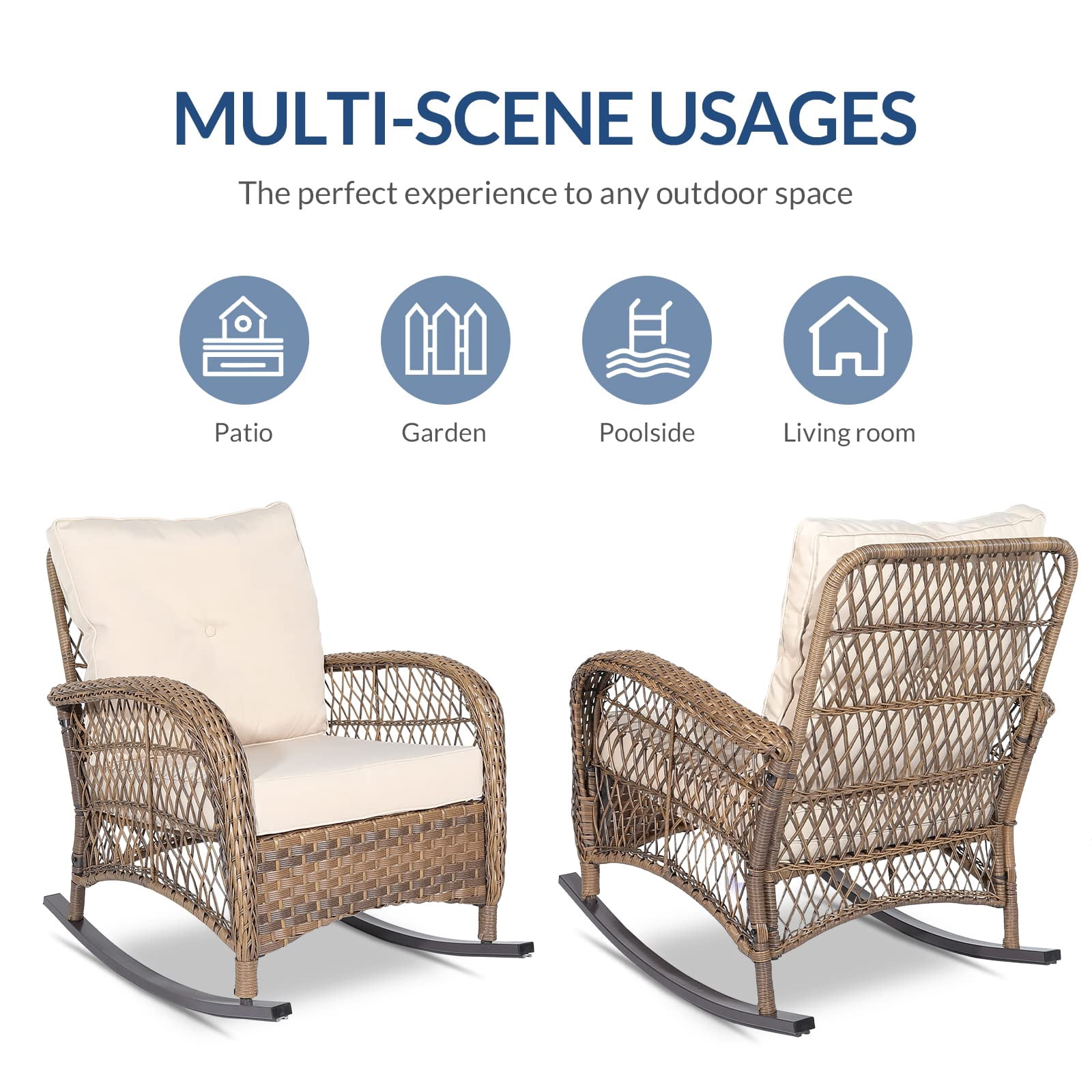 SOCIALCOMFY Wicker Steel Outdoor Rocking Chair with Beige Cushions