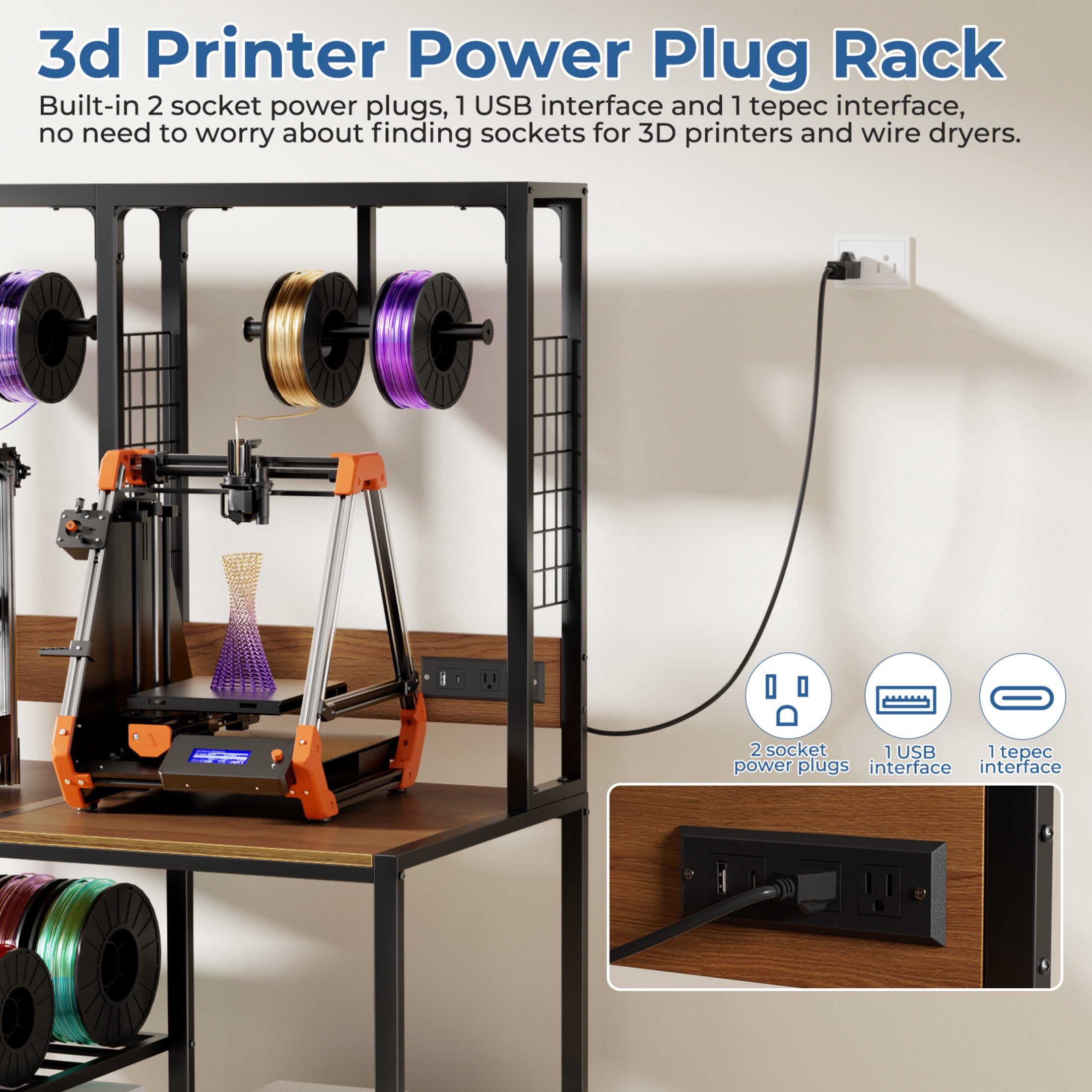 Noble House Double 3D Printer Stand with Filament Storage, Heavy-Duty Metal Dual Workbench with Lockable Wheels, Black