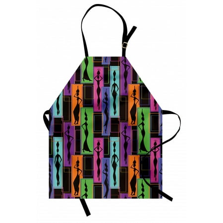

African Woman Apron Colorful Abstract Geometric Pattern Frames with Women Carrying Vases on Heads Unisex Kitchen Bib Apron with Adjustable Neck for Cooking Baking Gardening Multicolor by Ambesonne