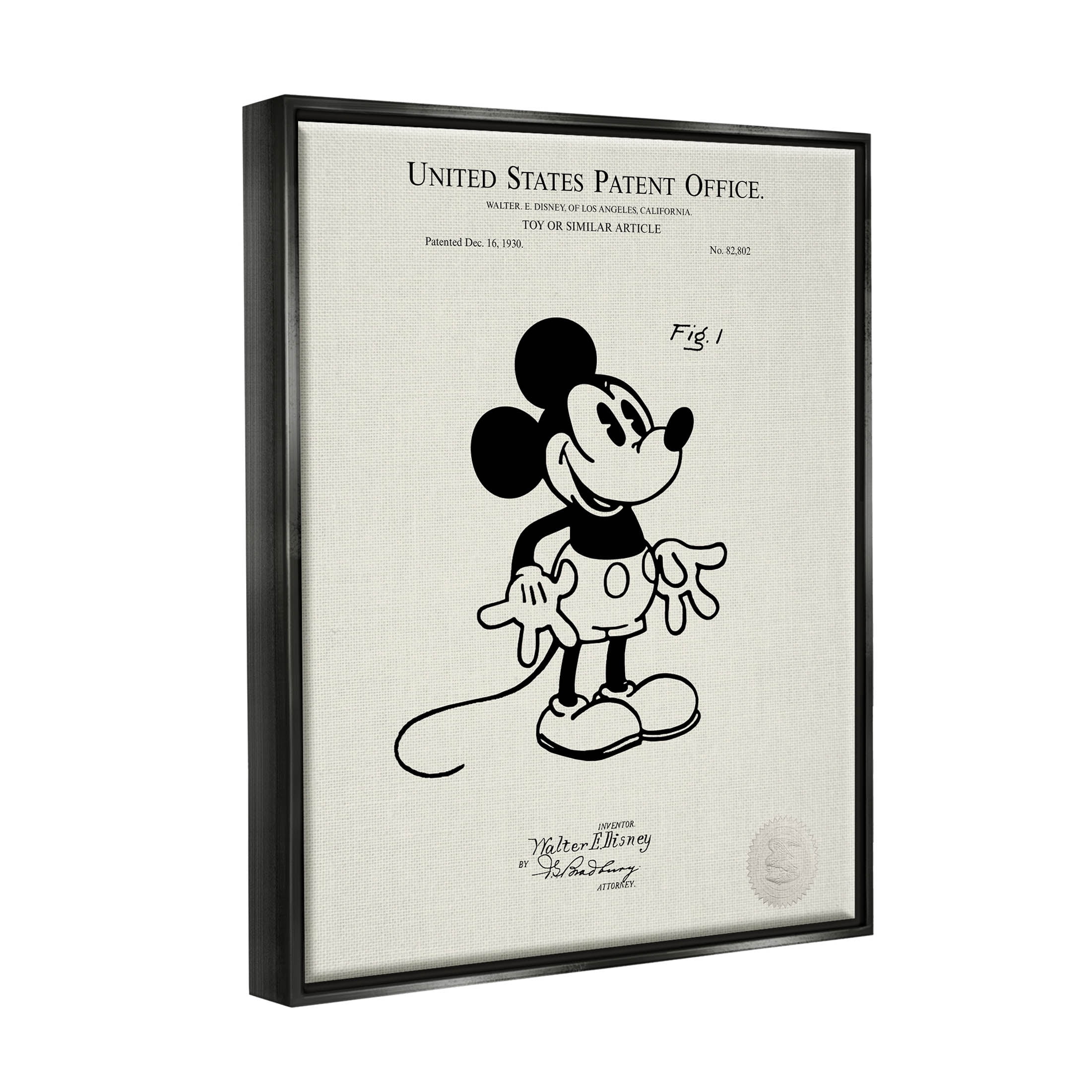 Stupell Industries Vintage Cartoon Character Patent Graphic Art Jet Black Floating Framed Canvas Print Wall Art, Design by Karl Hronek