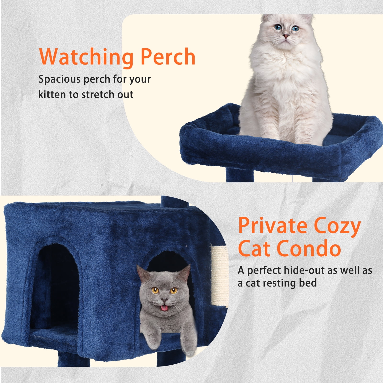CL.HPAHKL Cat Tree, 36 inch Small Cat Tower with Scratching Post & Funny Toy for Indoor Cats, Cat Condo Furniture Activity Center for Kittens, Navy Blue