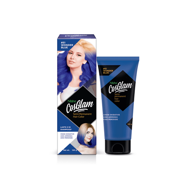 Nisha Cosglam Semi Permanent Hair Color | Hair Dye with Infused Conditioner  | No Ammonia, No Peroxide, Hair Colour - 120g /  fl oz ( #51 Wonder  Blue) 
