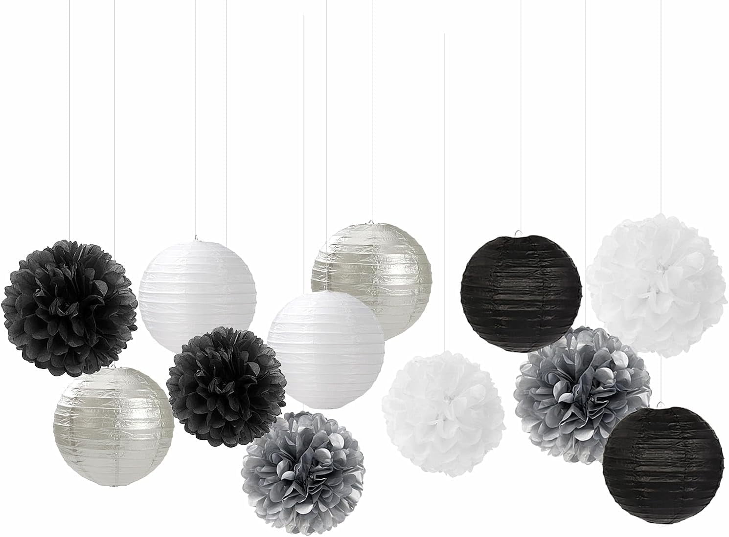 Black White Silver Party Decorations Paper Flowers Lanterns 15PCS Tissue Pom Poms Streamers for Birthday Halloween Wedding Baby Shower Bachelorette Hanging Supplies Decor