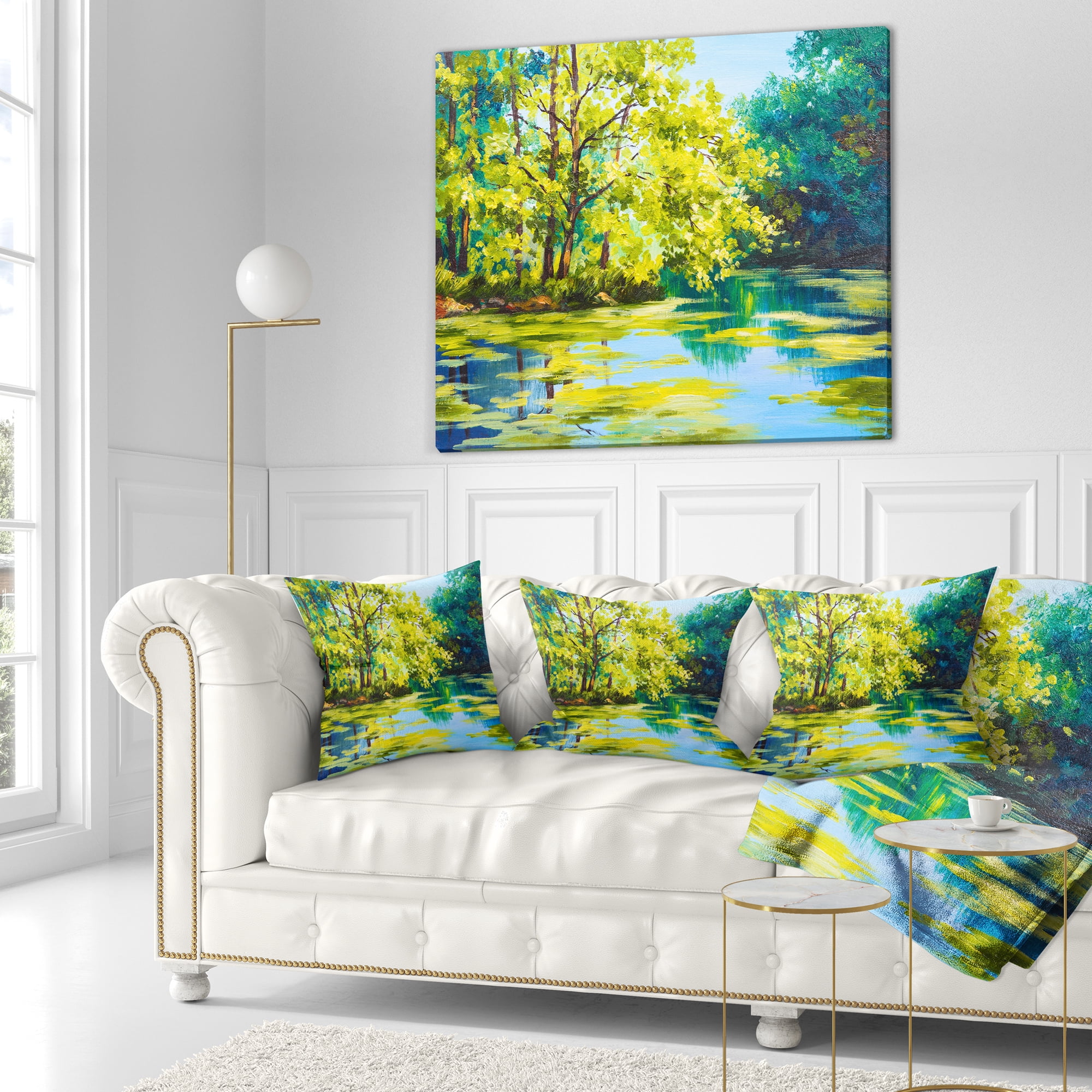 Designart Blue Lake Under Green Tree - Landscape Painting Throw Pillow - 16x16