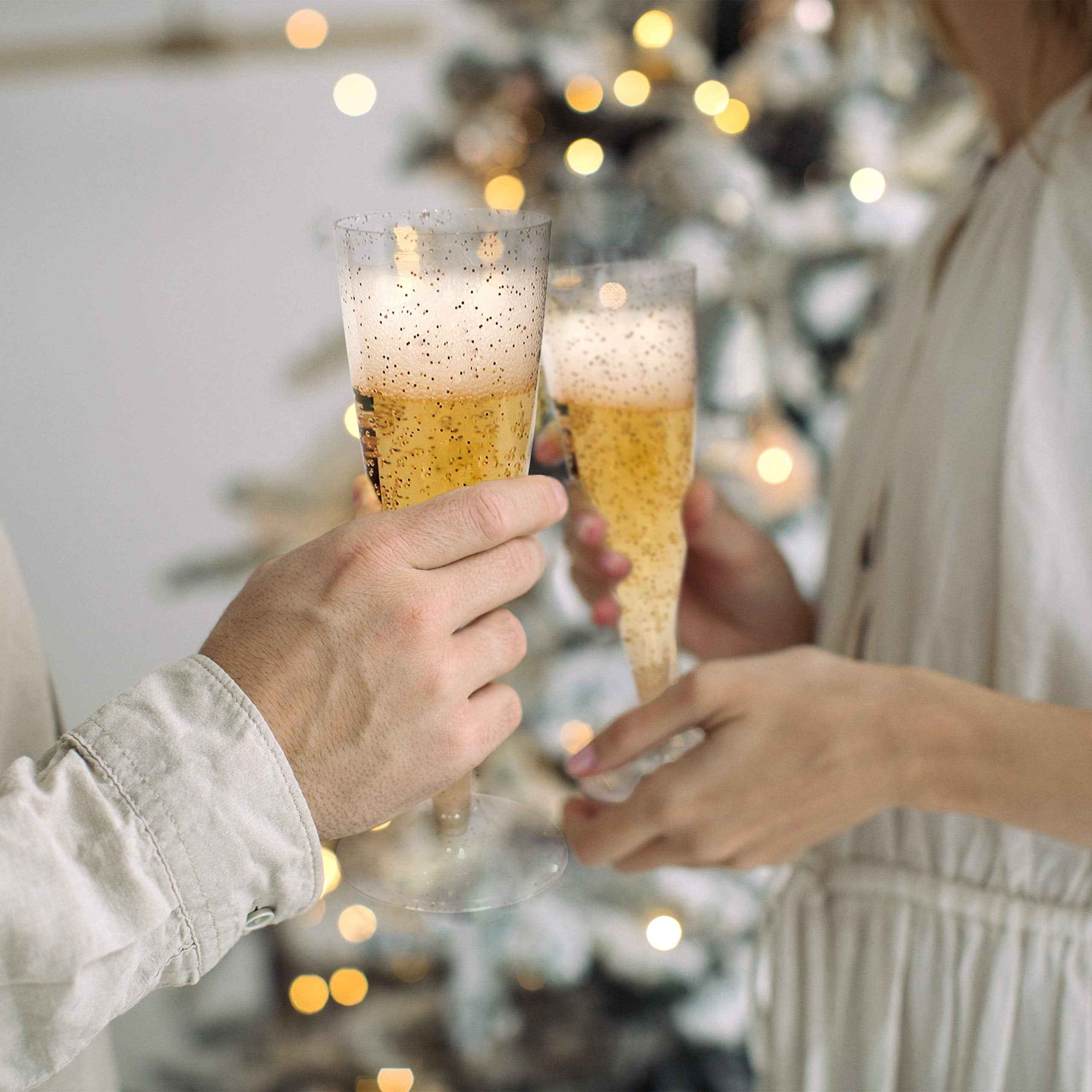 Oasis Creations Plastic Champagne Flute Glasses Set (100 count) 4.5 ounce - Gold Glitter Stem Cups- 2 Pieces- Ideal for Birthday Party, Wedding Reception, Office Parties, and other Celebrations!