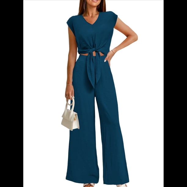 Conjuntos de Dos Piezas de Verano para Mujer 2025, Top Corto con Cinturón, Mangas y Cuello en V, Pantalones Anchos, Chándal Informal. Verde Oscuro L
