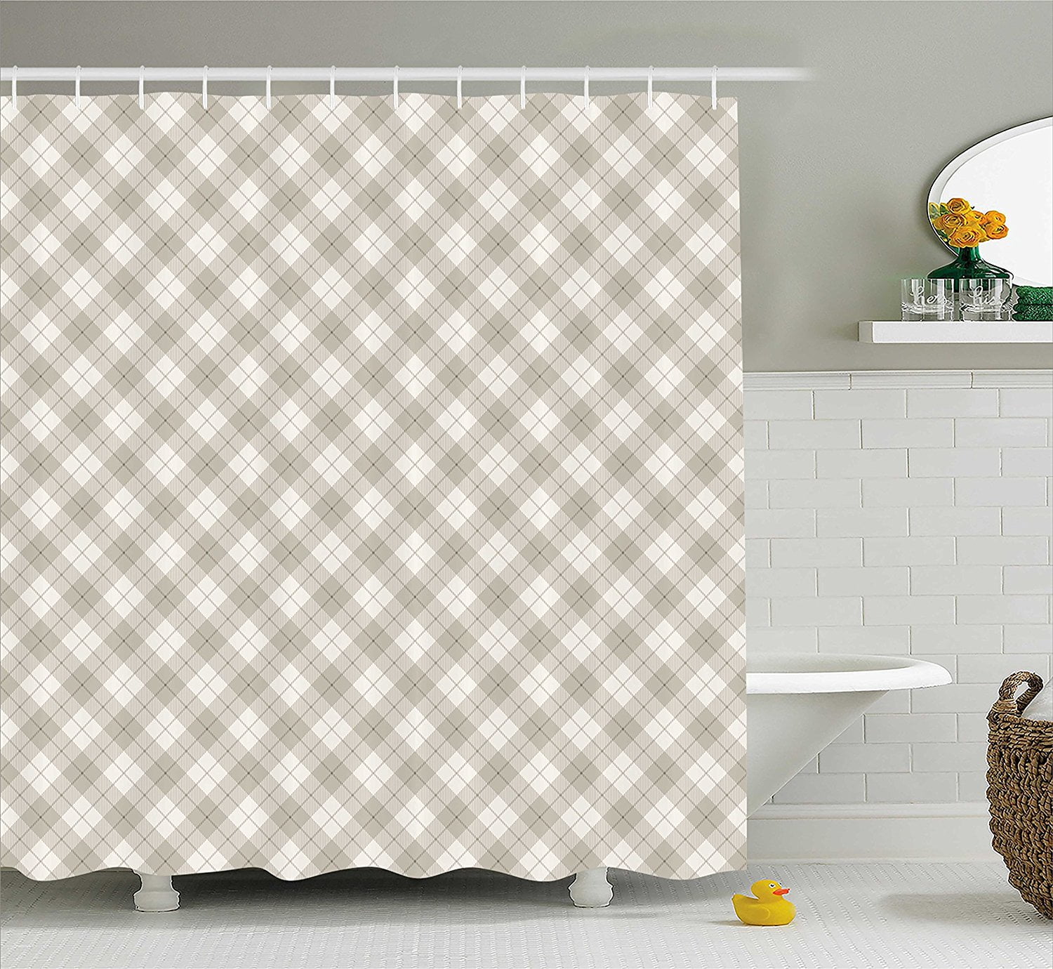 Grey Shower Curtain by , Diagonal Plaid Pattern Geometric Simplistic