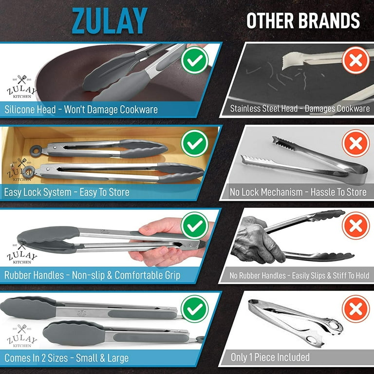 Zulay 2 Pack 9 inch & 12 inch Tongs for Cooking with Silicone Tips - Stainless Steel Kitchen Tongs with Lock Mechanism - Silver - Red