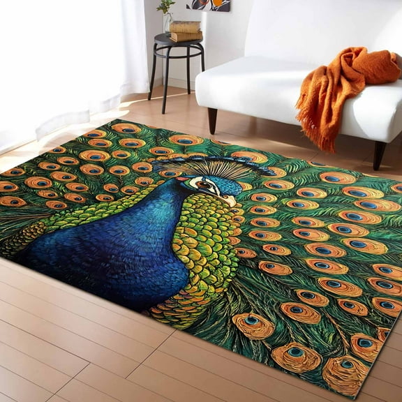 Area Rugs 5x8 Ft Rustic Feathered Peacock Animal Abstract Pattern Non-Slip Washable Rug Indoor Rug Floor Mats Non Shedding Carpet for Living Room Bedroom Dining Room Home Decor