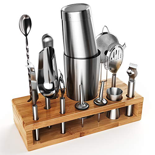 Professional Home Bar Tools for an Awesome Drink Mixing Experience 19 Pcs Stainless Steel Cocktail Shaker Set Boston Bartender Kit with Revolving Stand