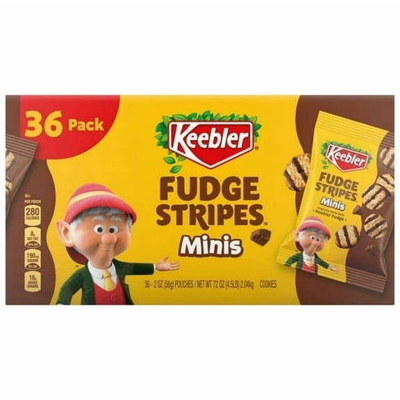 Keebler Fudge Stripes Minis Cookies – 36 Count, 2 oz Each | Bite-Size Fudge-Drizzled Shortbread Cookies