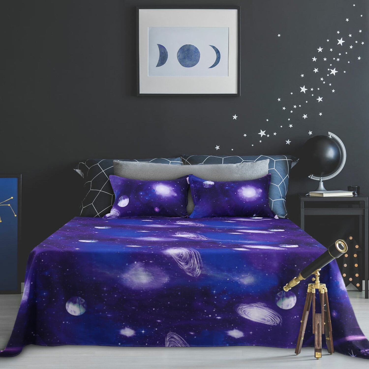 Unique Bargains Galaxy Print Bed Sheets Pillow Cases Bedding Set, Purple, Full