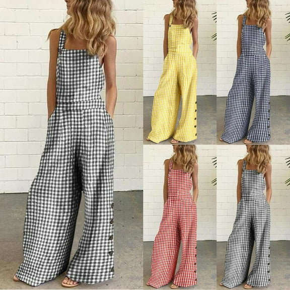 Azrian Pants for Women,Womens Plus Jumpsuits Sleeveless Overalls Jumpsuit Casual Plaid Print Summer Wide Leg Bib Pants