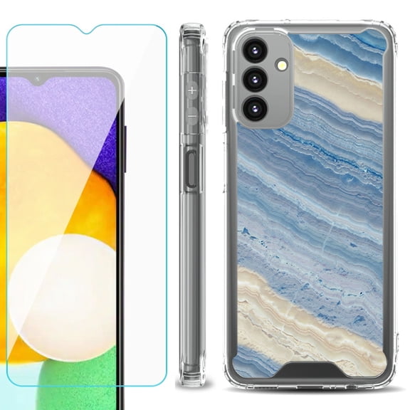 Shockproof Bumper Phone Case for Samsung Galaxy A13 5G, with Tempered Glass Screen Protector, by OneToughShield ® - Marble/ Marina Blue