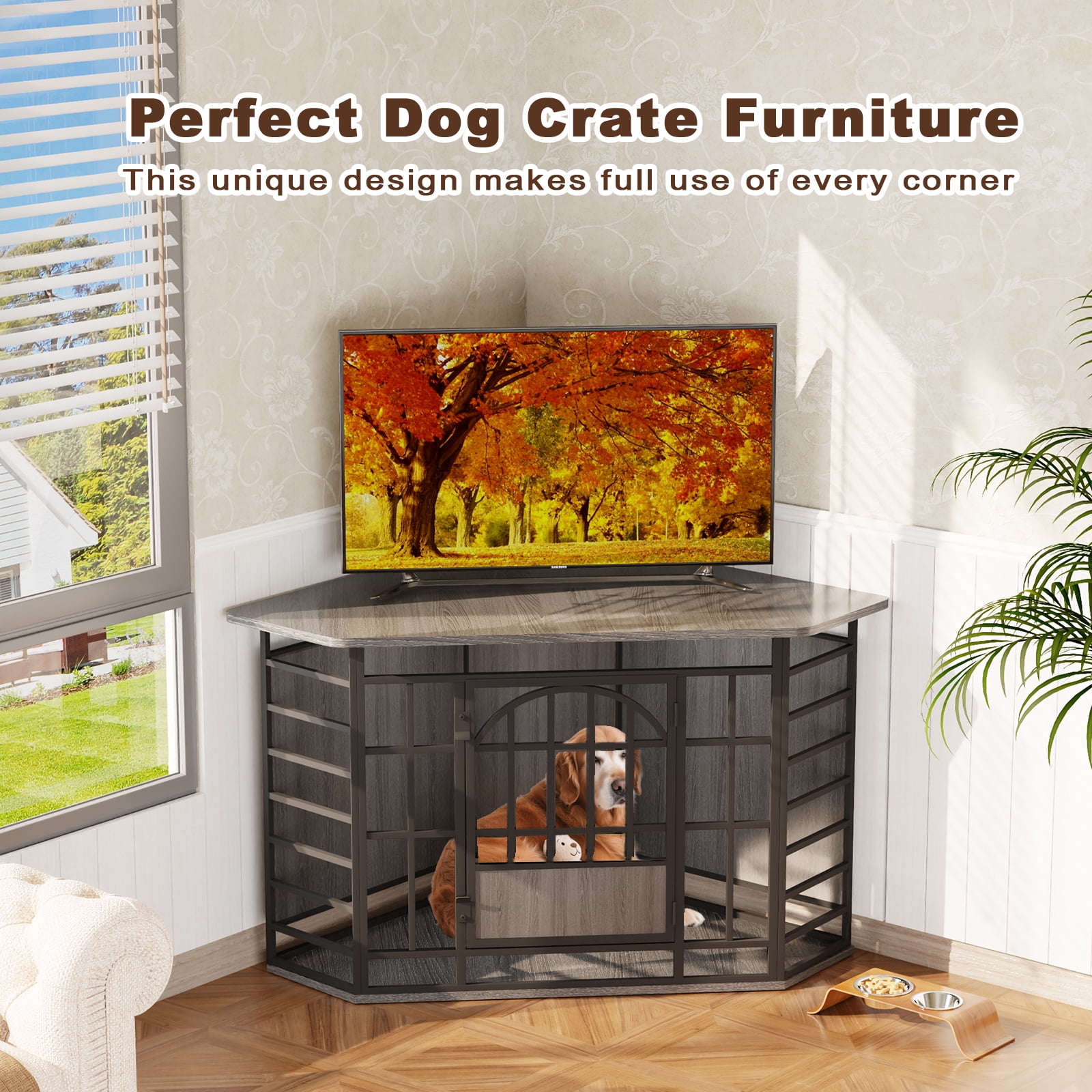 Fowroa 52 Inch Wooden Corner Dog Crate Furniture, Indoor Decorative Dog Kennel for Medium & Large Dogs, Brown