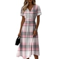 thumbnail image 3 of Laqbezok Plaid Short Sleeve Midi Dress, Elegant Ruched High Waist Slimming Check Dress, Casual V-Neck A-Line Flare Fashion Outfit, Classic Tartan Sun Dress, 3 of 6