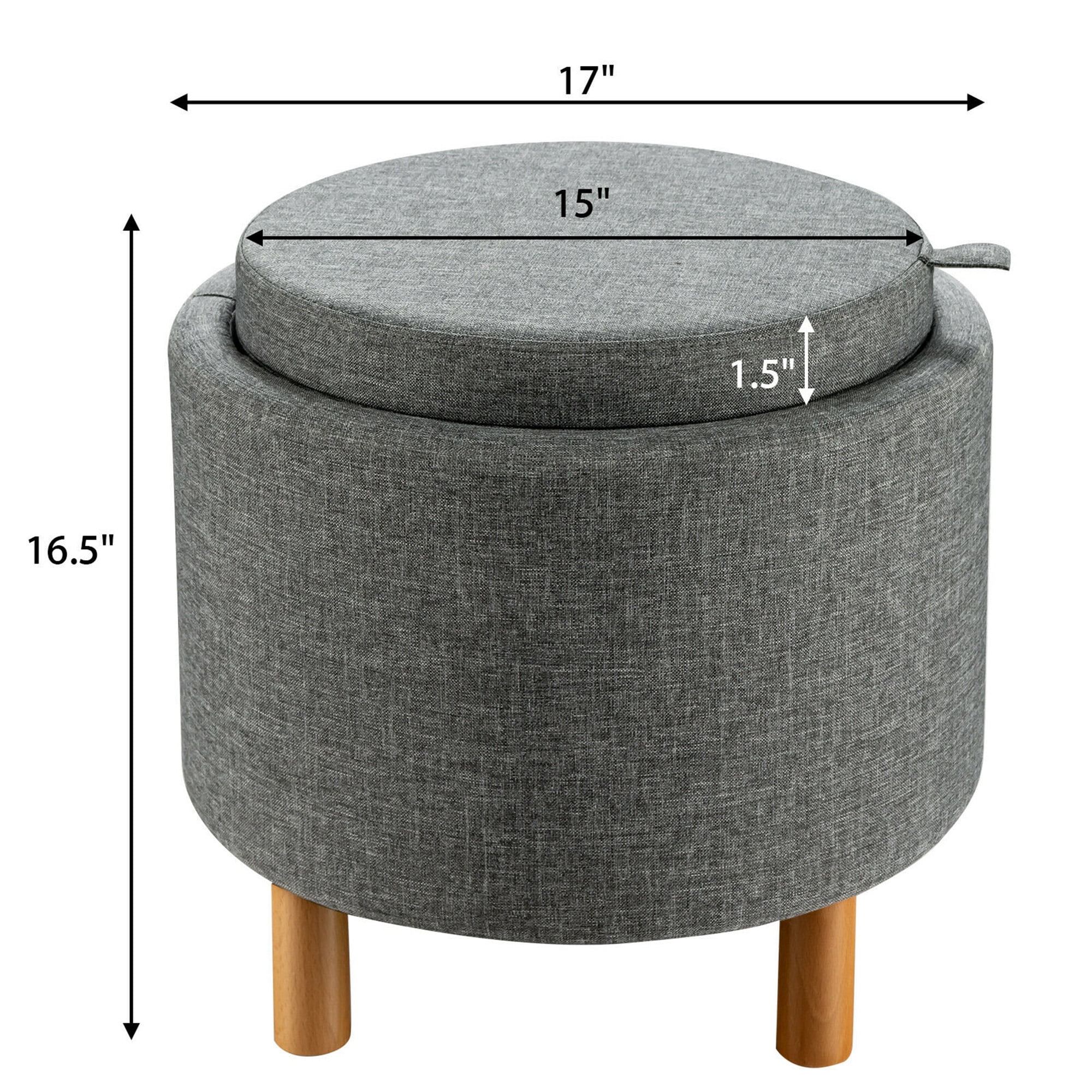 Gymax Accent Padded Footrest w/Tray Top Round Storage Ottoman w/Wood Legs Grey