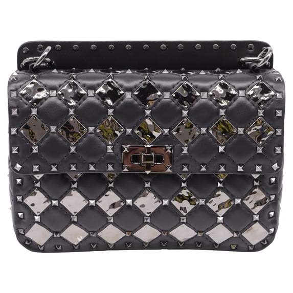 Pre-Owned Valentino Medium Rockstud Spike.It With Metal Rhombus Detail Shoulder Bag in Black Leather