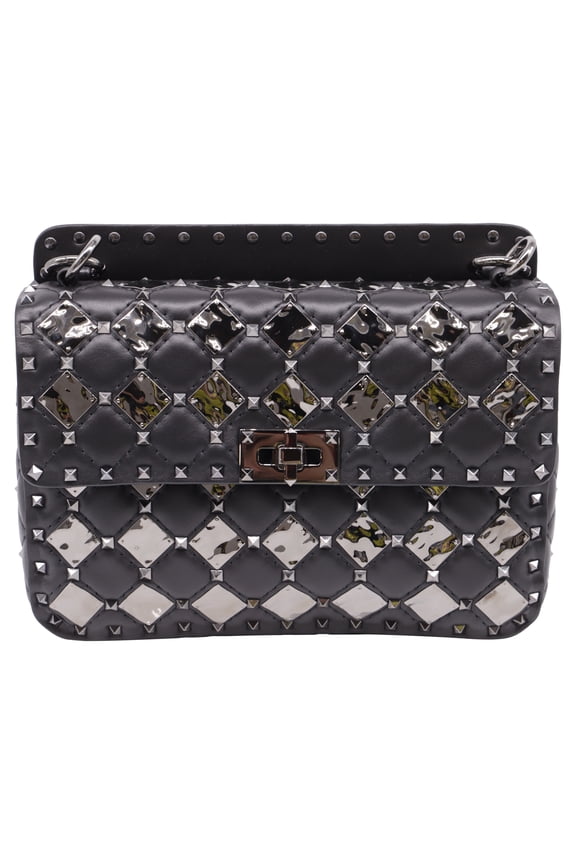 Pre-Owned Valentino Medium Rockstud Spike.It With Metal Rhombus Detail Shoulder Bag in Black Leather
