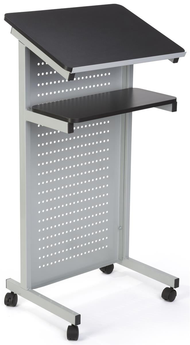 MDF Tabletop & Back Shelf LCTMOSVMETB Steel Paneling & Base Black & Silver Displays2Go Mobile Podium with Privacy Panel 